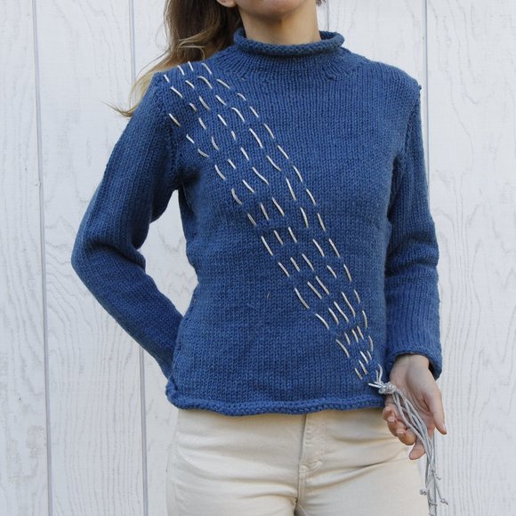 Vintage Mock Turtleneck Wool Sweater with Iridescent Leather Accent - Picture 3 of 12